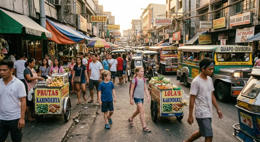 Kids confidently navigating crowded Manila streets, developing street awareness skills