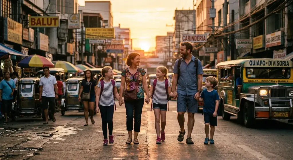 Family walking together through Manila streets at sunset, showing unity and confidence