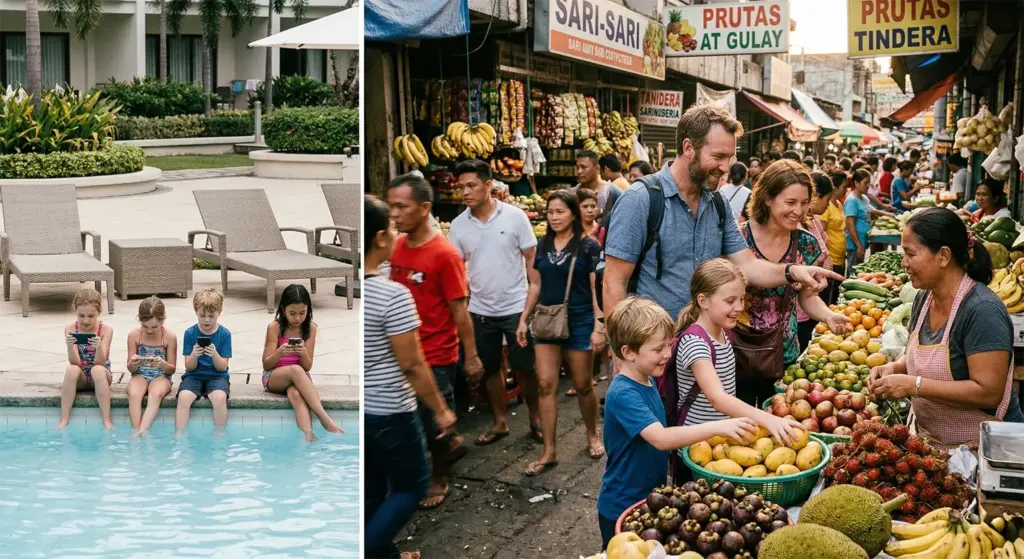 Resort boredom versus engaged family at Philippines street market