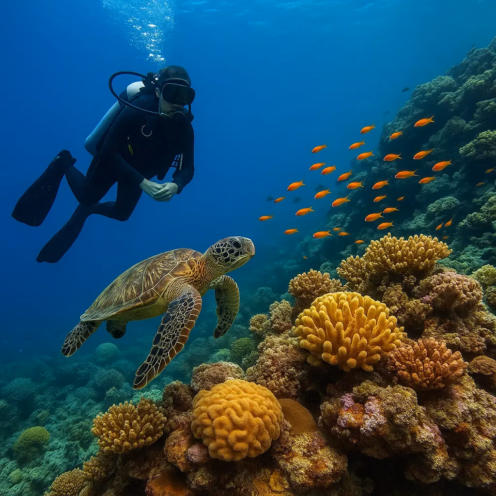 A picture of a scuba diver using eco-friendly gear over a coral garden.