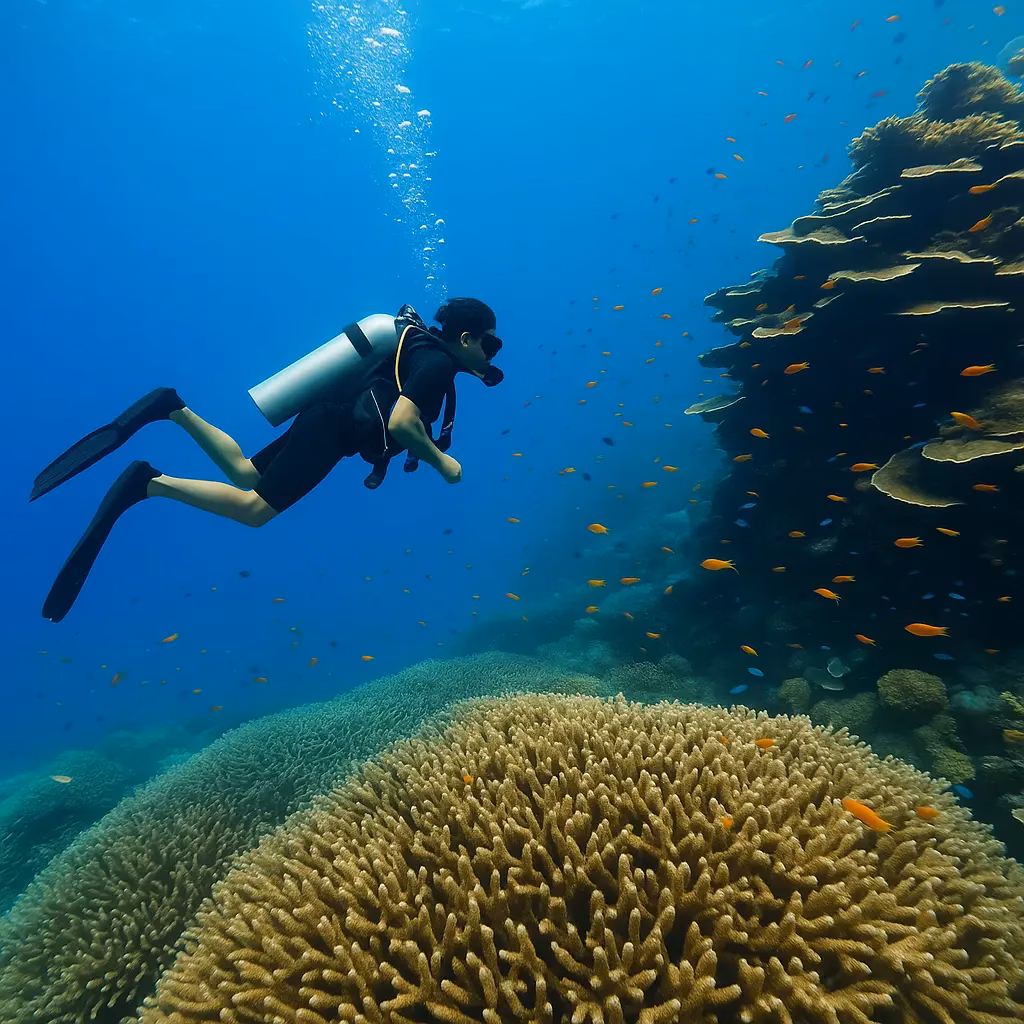 A diver participating in a Coral Health Survey exemplifies sustainable diving at Apo Island's marine sanctuary.