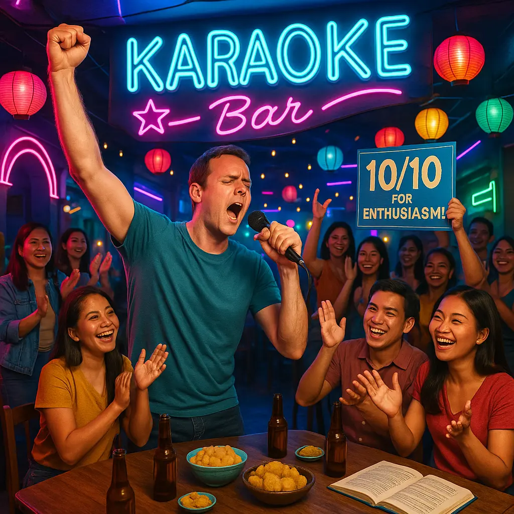 Expat singing karaoke in a Filipino bar – nightlife in the Philippines.