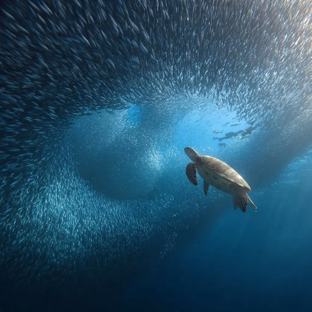 A turtle swimming under a bait ball of small fish.