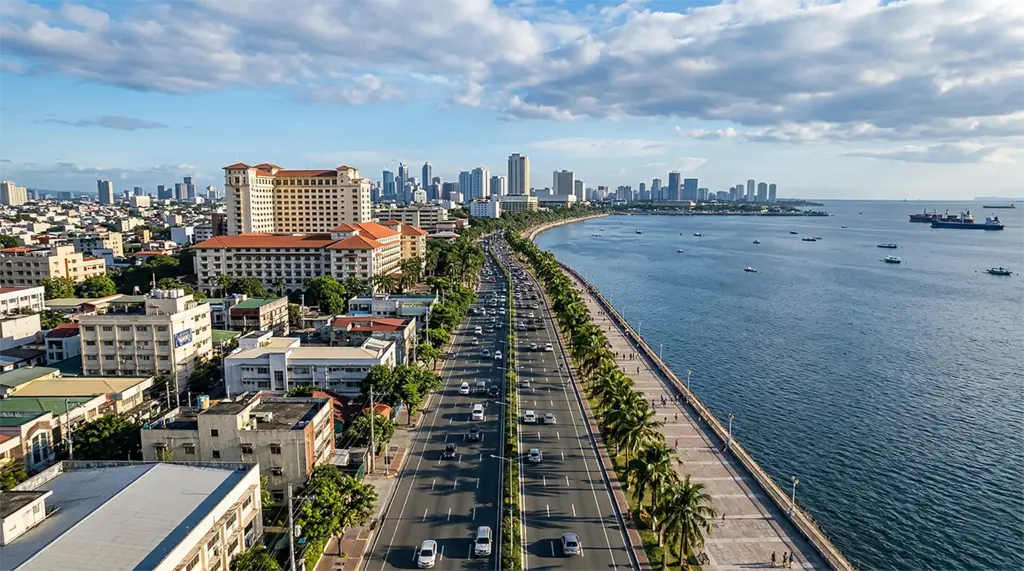 An aerial view of Roxas Boulevard along Manila Bay with Manila skyline in background