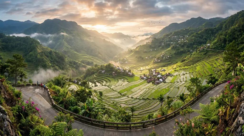 Banaue town early morning mist Cordillera mountains Philippines Luzon
