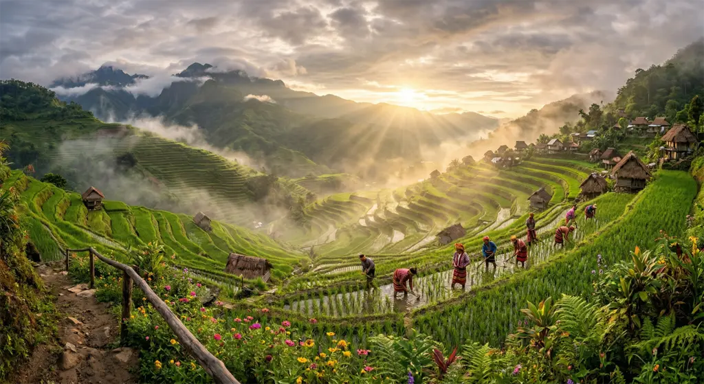 Batad rice terraces amphitheater view from the ridge trail, Ifugao, Philippines, UNESCO World Heritage