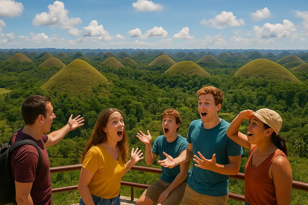 Panoramic view of Chocolate Hills in Bohol Philippines – top tourist activity beyond diving. A panoramic Chocolate Hills scene—tourists amazed, hills rolling to the horizon, and Bohol’s otherworldly landscape stealing the show. That’s a top-side thrill to match any dive.