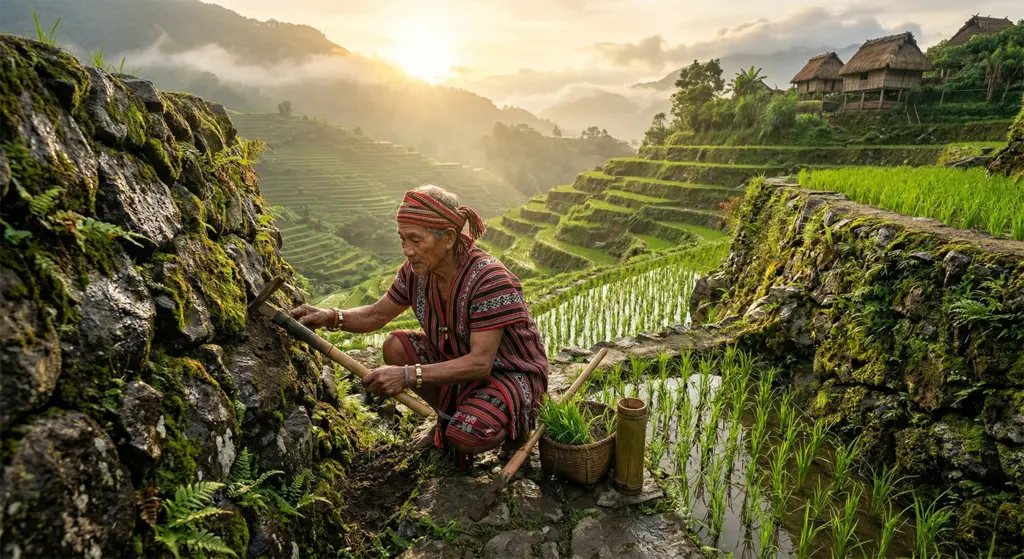 Ifugao farmer maintaining rice terrace, Banaue, Philippines, sustainable agriculture