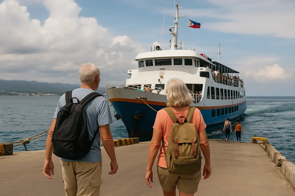 A picture of an expat couple heading to a ferry for a short hop to another island.
