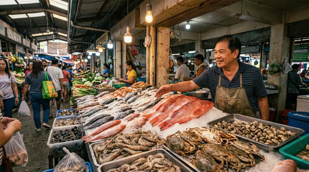 A Filipino wet market seafood section