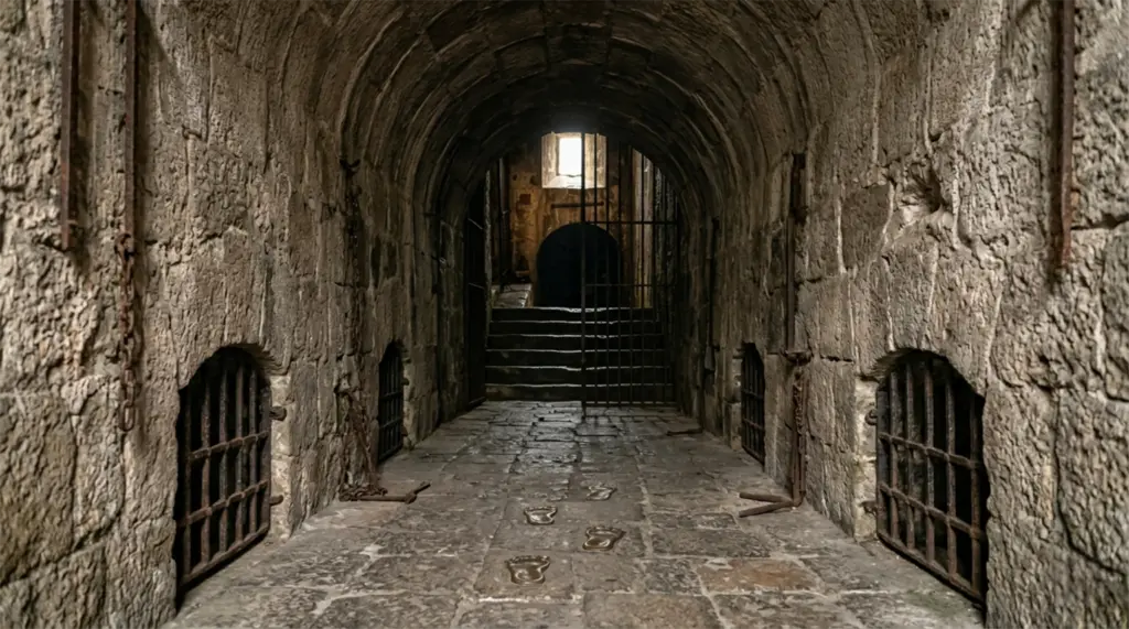 Fort Santiago dungeon interior, low stone ceiling, damp, dark cells, Japanese occupation, World War II