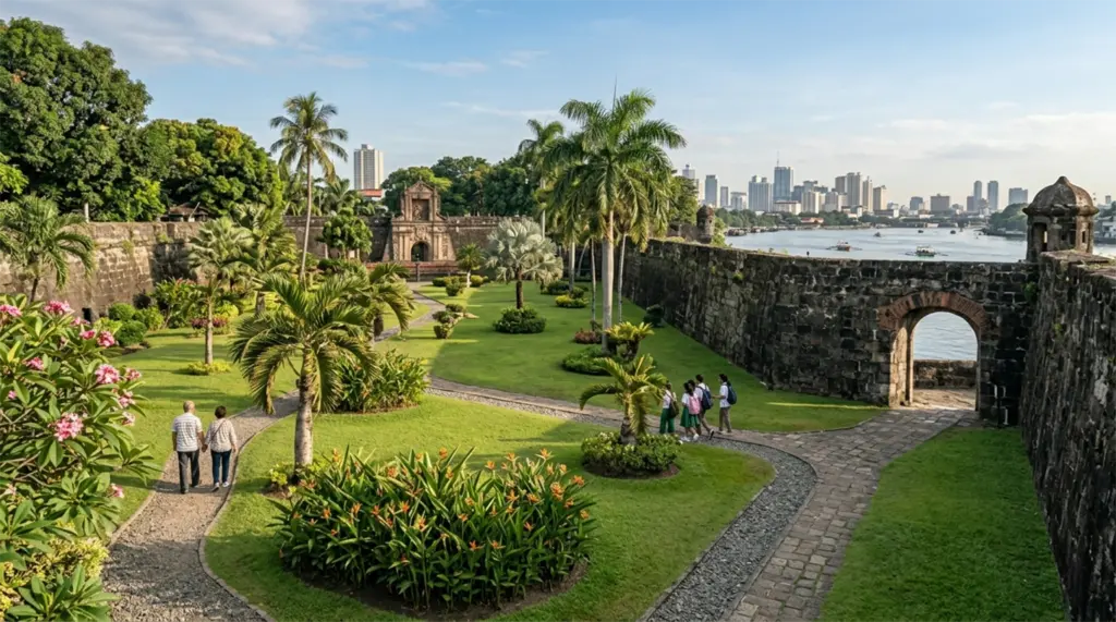 Fort Santiago courtyard garden green grounds Pasig River in the background Intramuros Manila