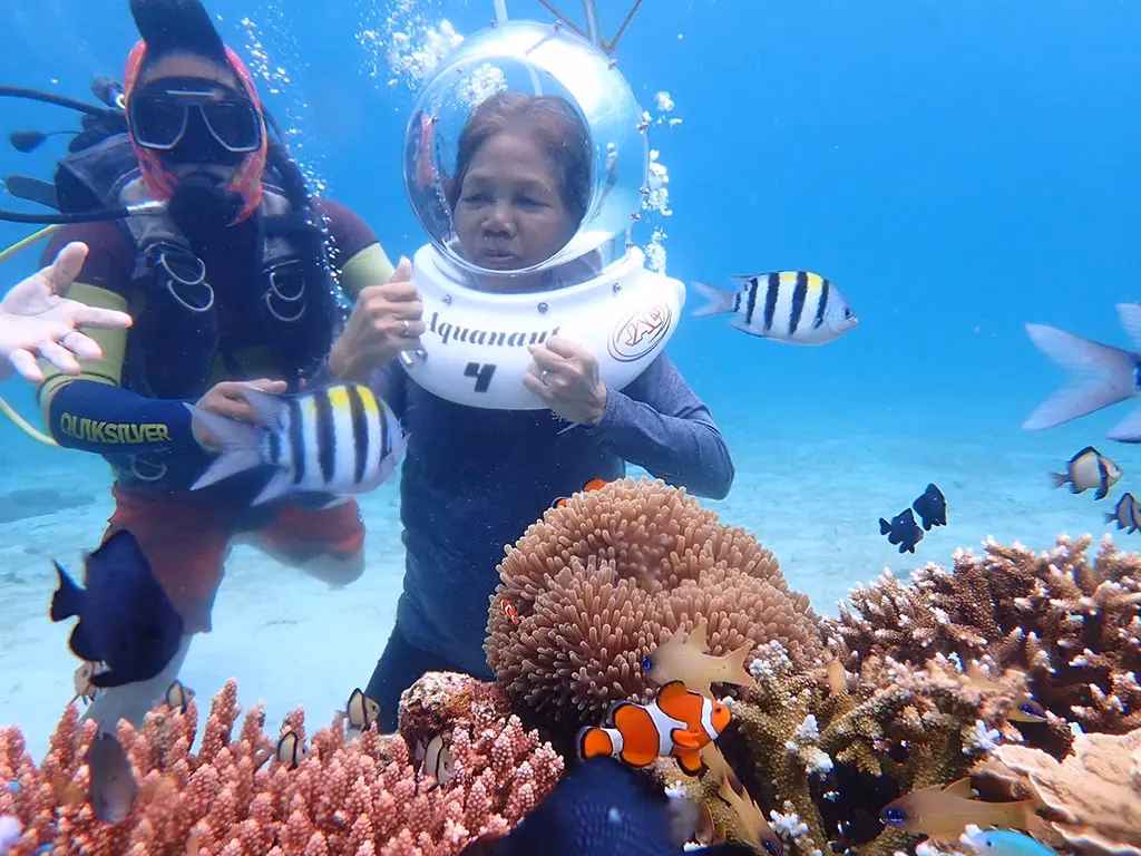 A picture of a tourist helmet diving.