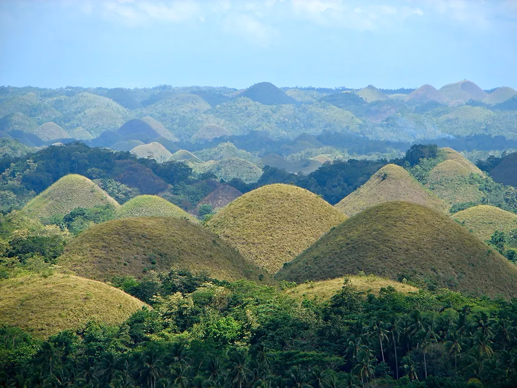 A panoramic view of the Chocolate Hills in Carmen, Bohol, Philippines, showing hundreds of uniform grass-covered conical limestone hills rolling across the landscape in every direction, with coconut palms in the foreground valleys and a pale blue sky above.
