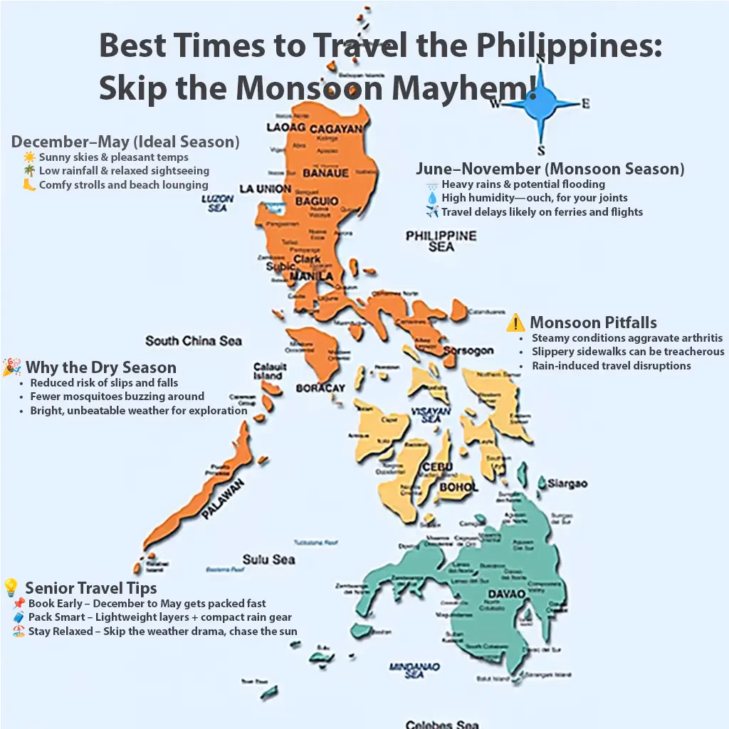 Infographic about choosing the ideal season for traveling in the Philippines to avoid monsoon mishaps.
