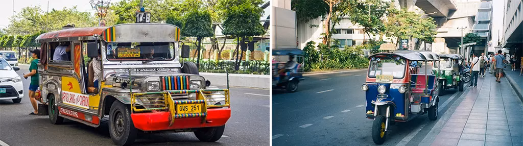A colorful Filipino jeepney beside a tiny tricycle, with a cautious senior giving them a skeptical look.