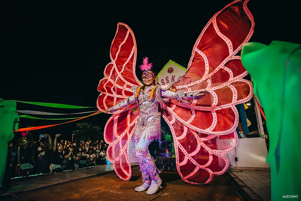 A picture of a fully adorned participant in an elaborate costume at the MassKara Festival in Bacolod City.
