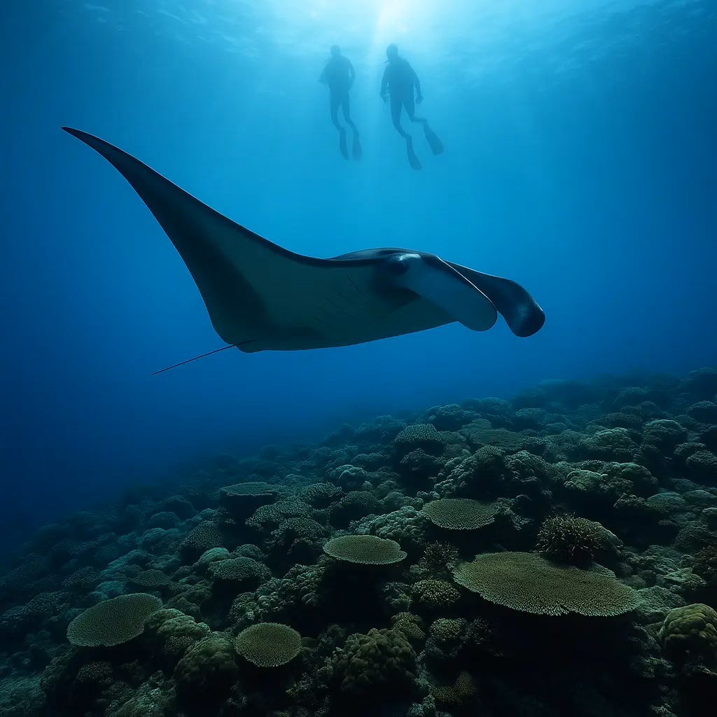 A Manta Ray in Tubbataha reef showing off, corals, fish, and 40-meter viz.