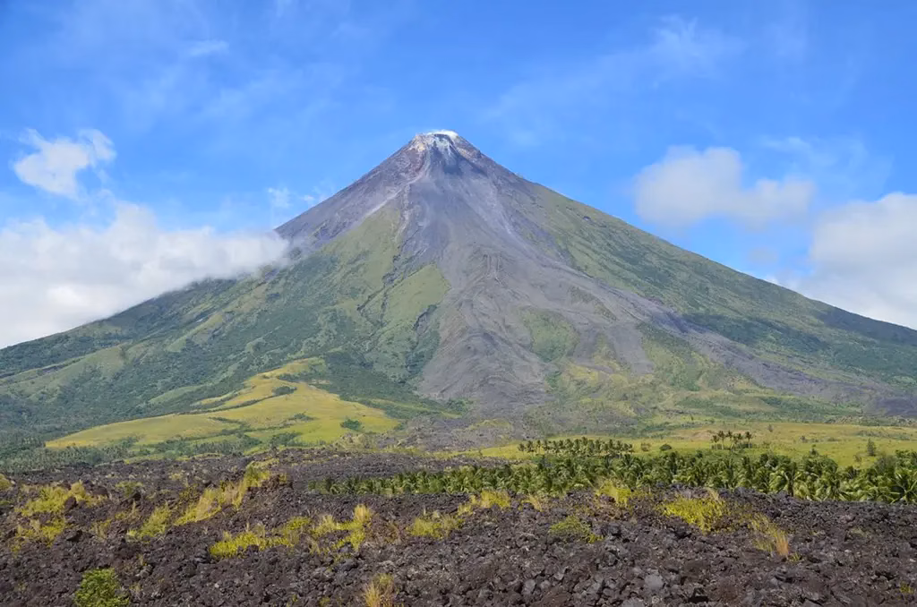 A picture of the near-perfect cone of the Mayon Volcano in the Philippines.