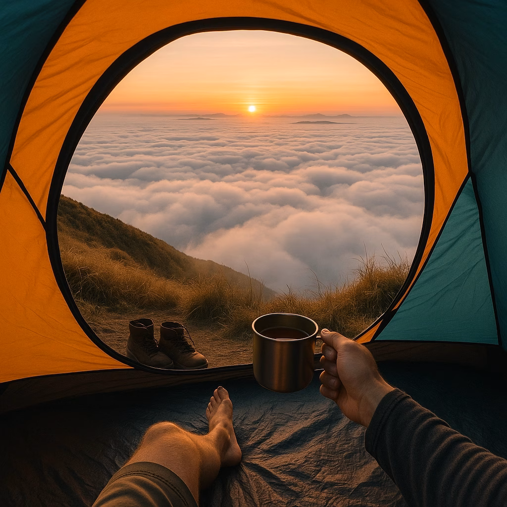 Camping scene on Mt. Pulag overlooking sea of clouds with tent and hiking gear.