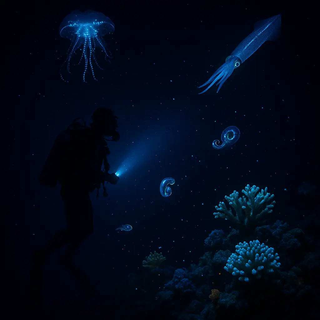 Bioluminescent sea creatures spotted during night dive in Bohol – unique diving experience. In other words, a night dive in Bohol—diver, glowing jellyfish, shimmering squid, and a coral crowd lighting up the dark. It’s underwater nightlife at its finest.