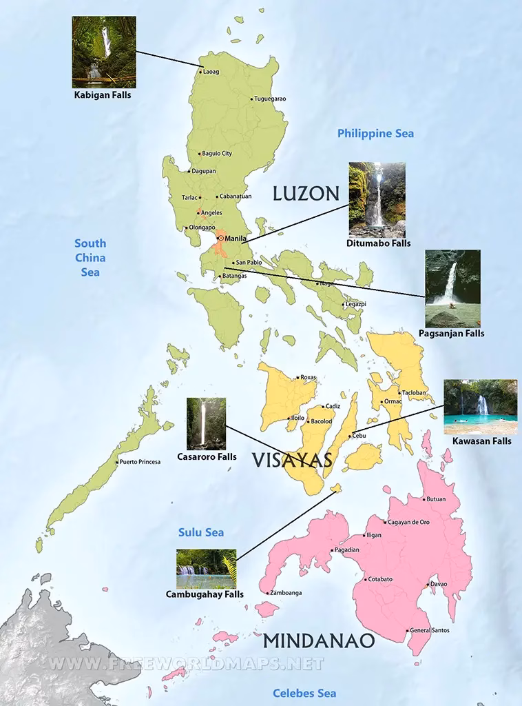 A map of the Philippines showing the locations of the waterfalls we will be reviewing in this article.