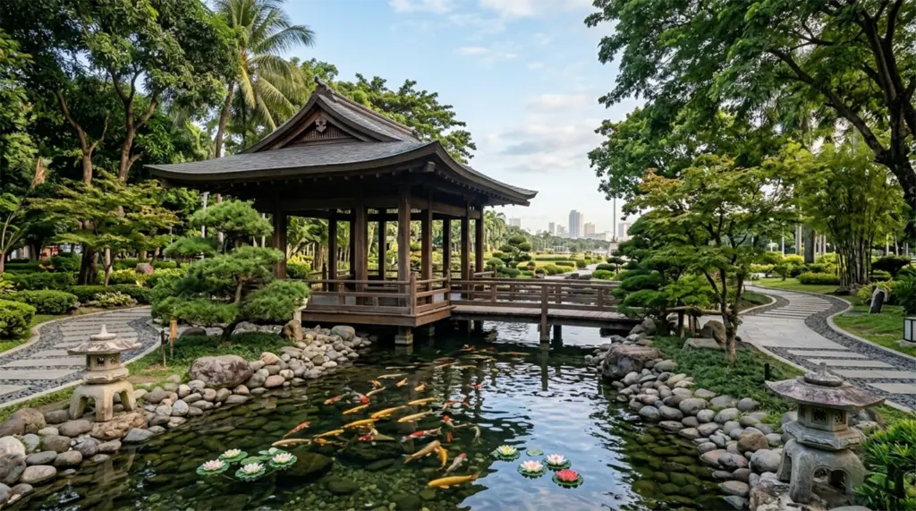 Japanese Garden, Rizal Park, Manila, Philippines, with a traditional pavilion and a reflecting pond
