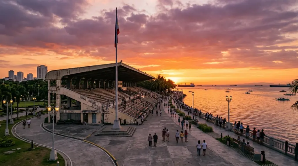 View toward Rizal Park and Quirino Grandstand, Manila Bay sunset, Philippines