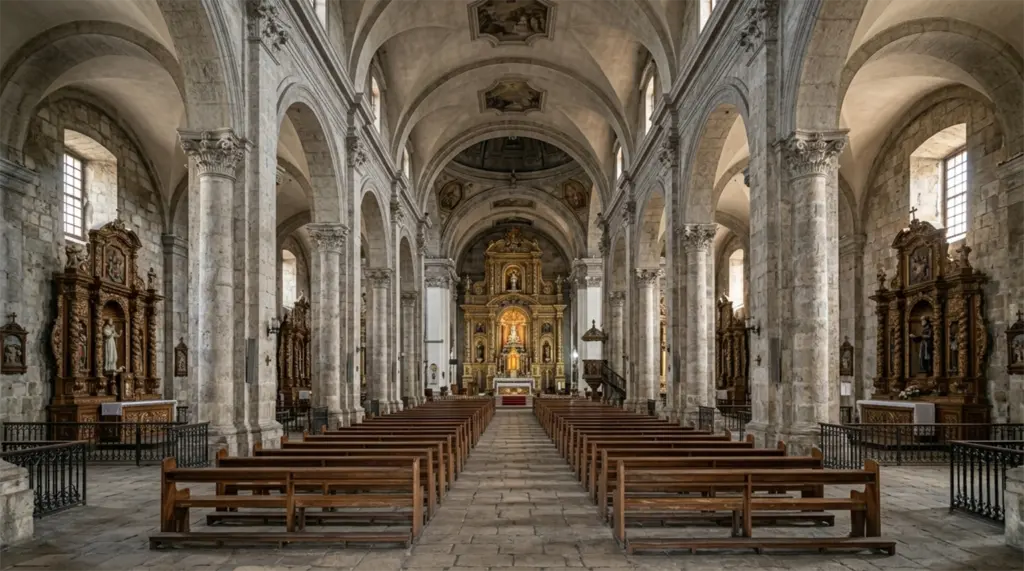 Interior nave of San Agustín Church, Manila, Philippines, stone columns and wood altars