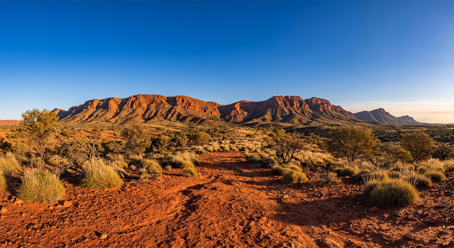 Red Centre landscape red earth MacDonnell Ranges blue sky Alice Springs Northern Territory Australia