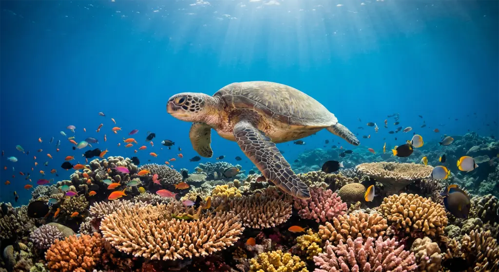 Green sea turtle swimming over coral reef Apo Island marine sanctuary Negros Oriental Philippines
