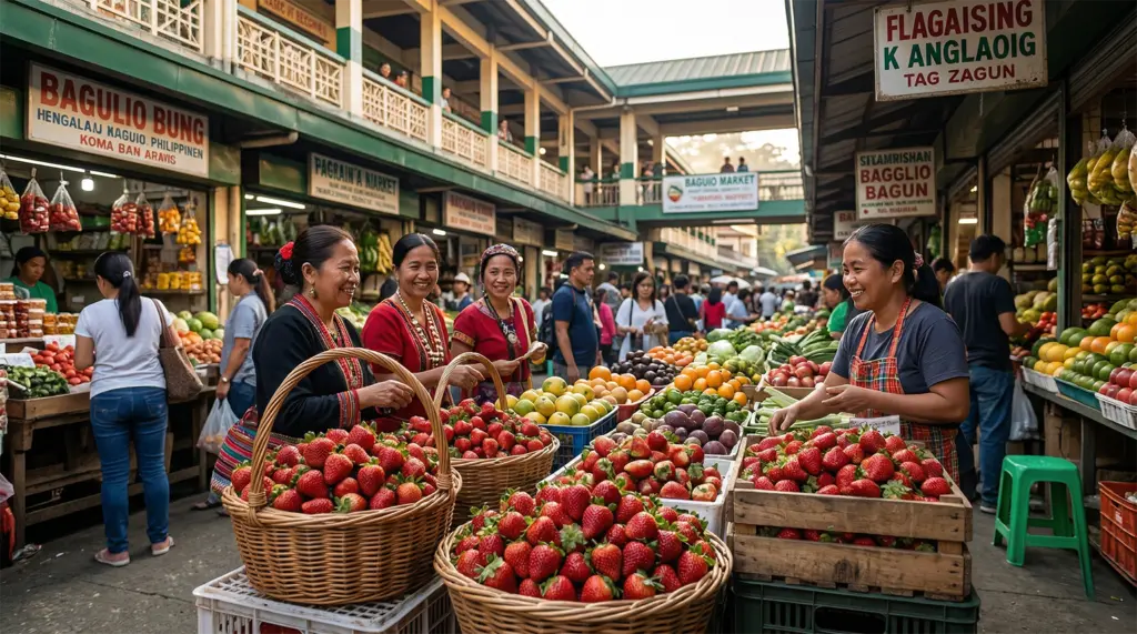 Fresh strawberries and local produce at the Baguio City Market, Philippines