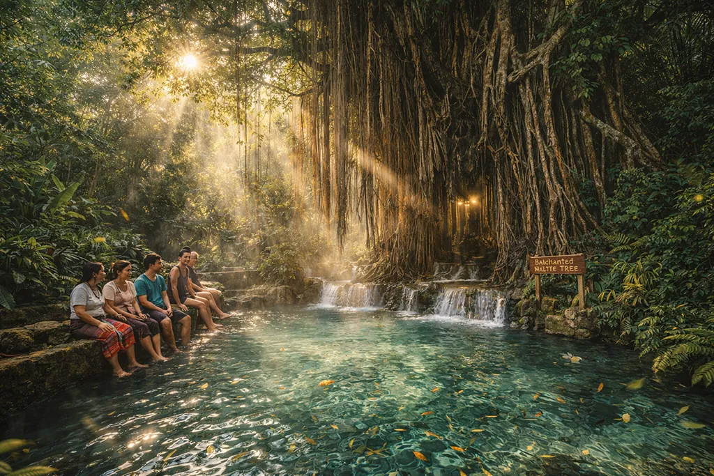 Balete Tree in Siquijor with tourist feet in natural fish spa at base