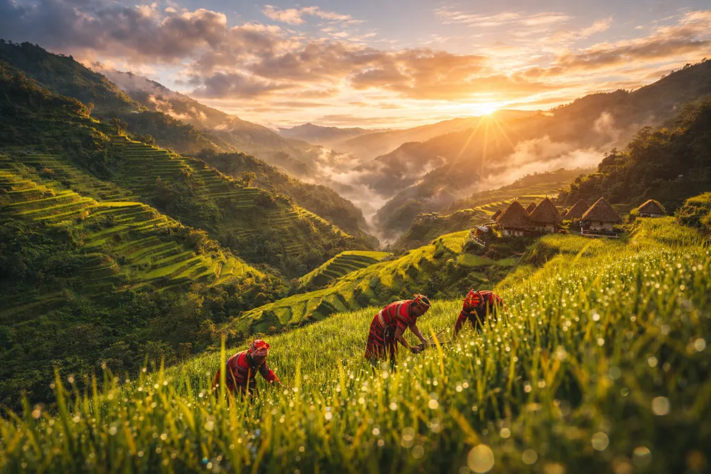 Banaue Rice Terraces, Philippines, UNESCO World Heritage, ancient Ifugao terraces, sunrise.