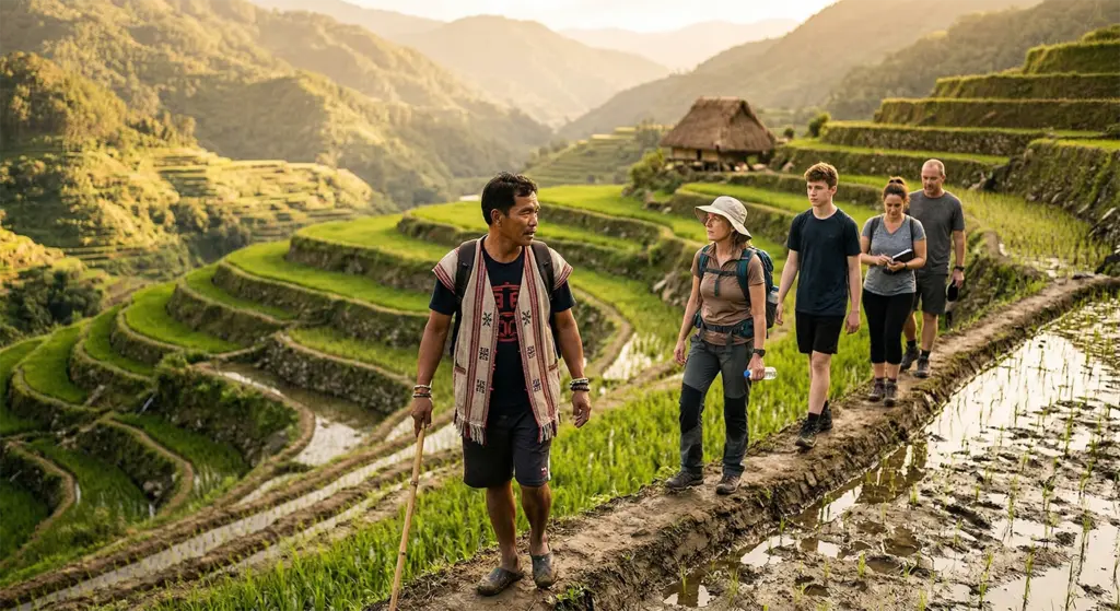 Community guide leading small group of visitors along narrow terrace bund path, Batad Philippines