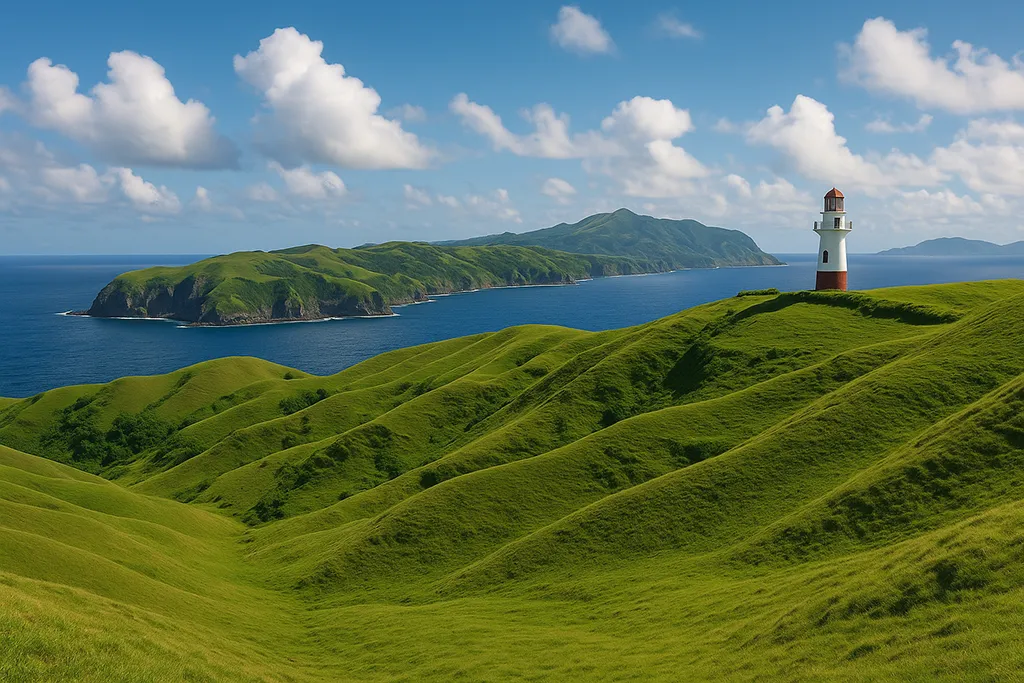 Rolling green hills and a lighthouse in Batanes overlooking cliffs and the sea.
