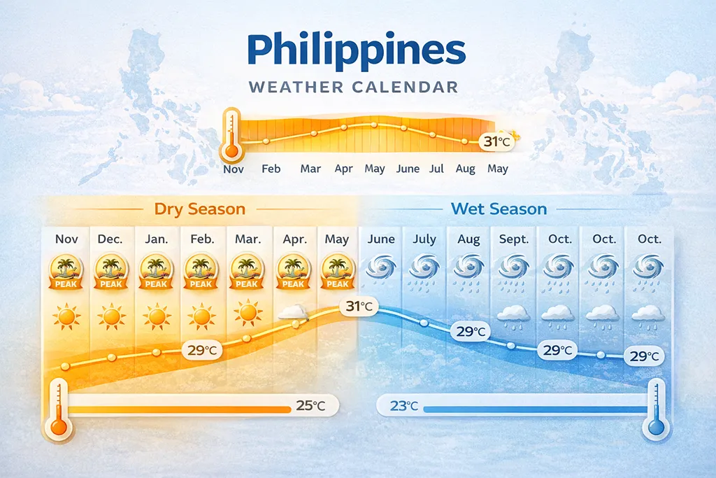 Philippines weather calendar 2026 showing dry season, wet season, and best months to visit