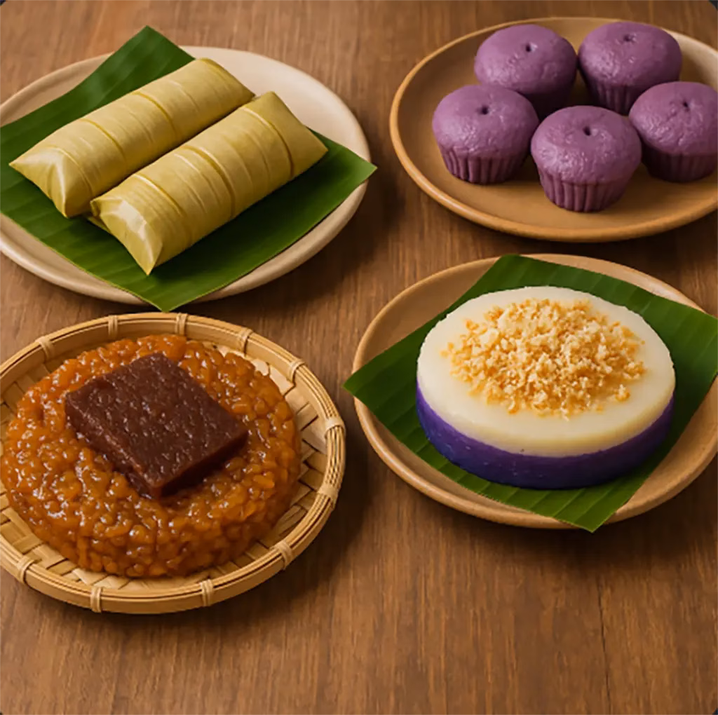 Traditional Filipino kakanin, rice cakes influenced by Spanish colonial cuisine.