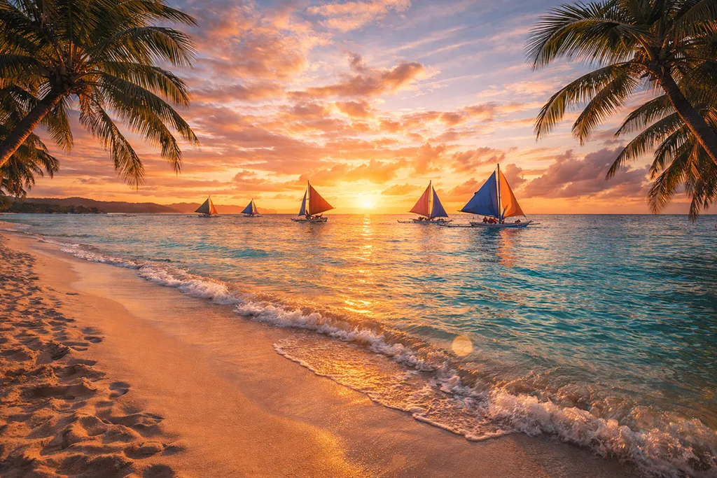 Boracay White Beach sunset, Philippines, with paraw sailboats and white sand.