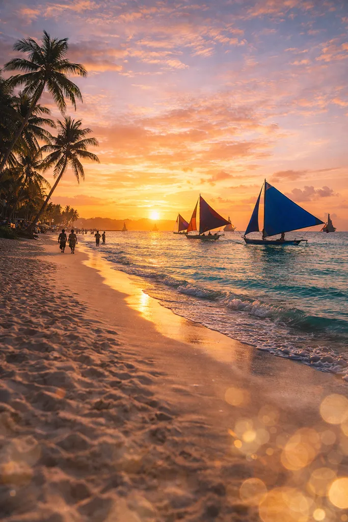Boracay White Beach sunset paraw sailboats orange sky powder sand Philippines tropical