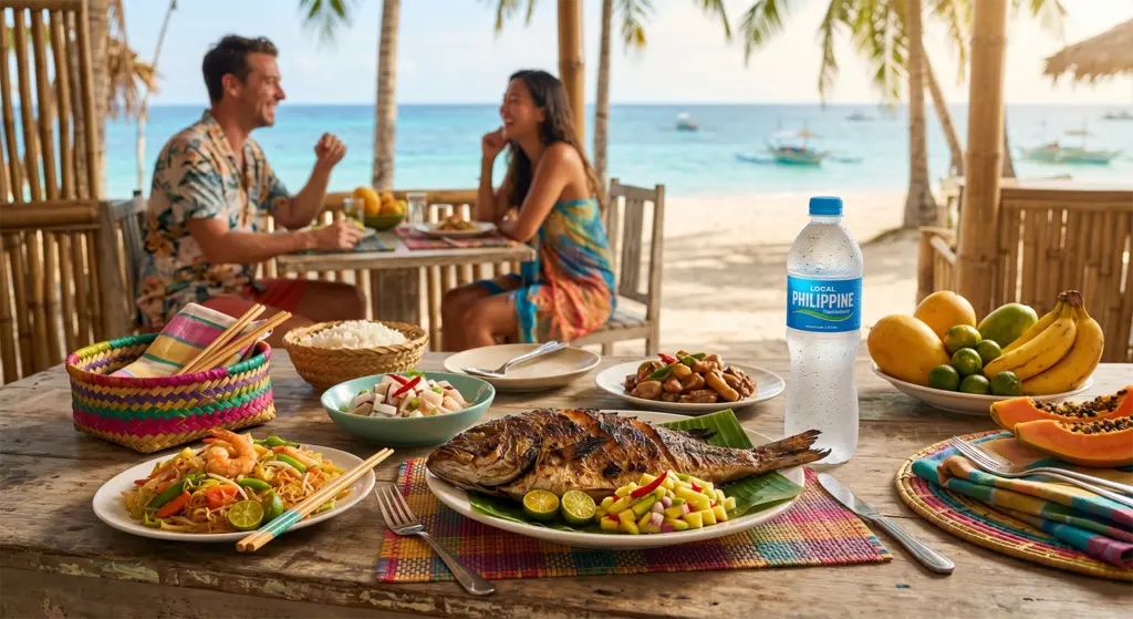 Bottled water and fresh Filipino food on a table at an open-air Philippine beach restaurant