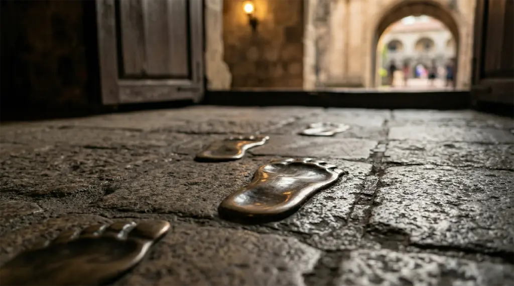 Bronze footprints embedded in stone floor at Rizal Shrine Fort Santiago Manila Philippines