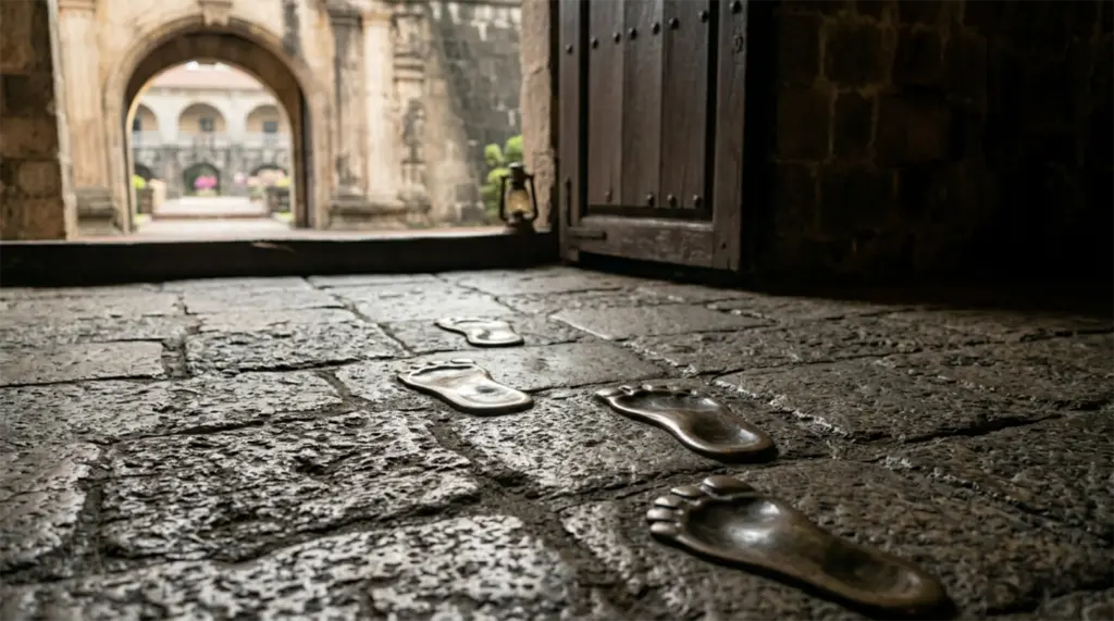 Bronze footsteps embedded in the stone floor, Rizal Shrine, Fort Santiago, path to execution, Manila