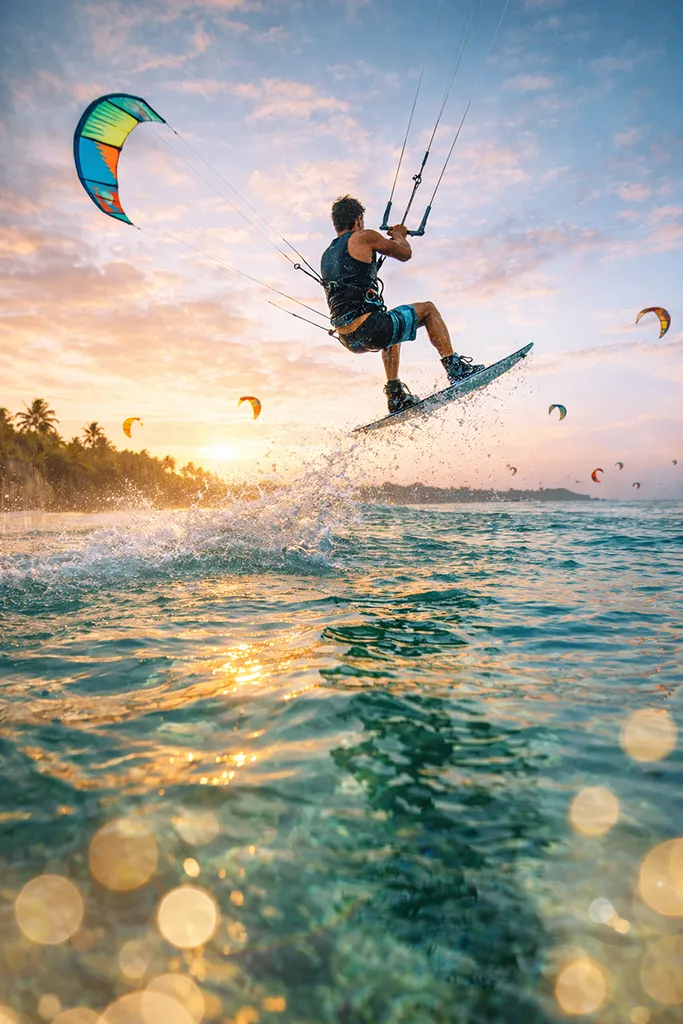 Bulabog Beach Boracay kiteboarding action morning light water sports Philippines adventure