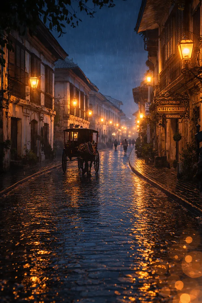 Calle Crisologo Vigan cobblestone street colonial houses blue hour kalesa Philippines heritage