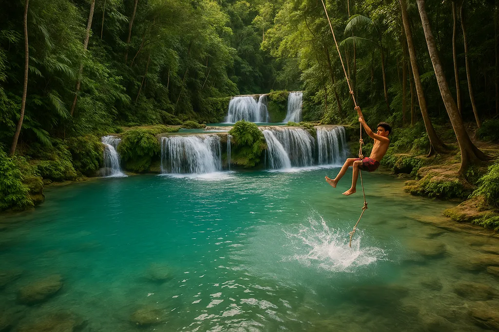Rope swing into turquoise waters at Cambugahay Falls in Siquijor.