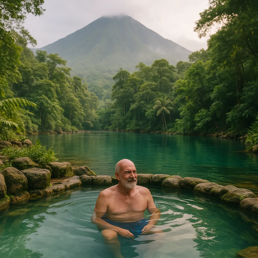 A retired man enjoying a hot pool at the hot springs in Camiguin