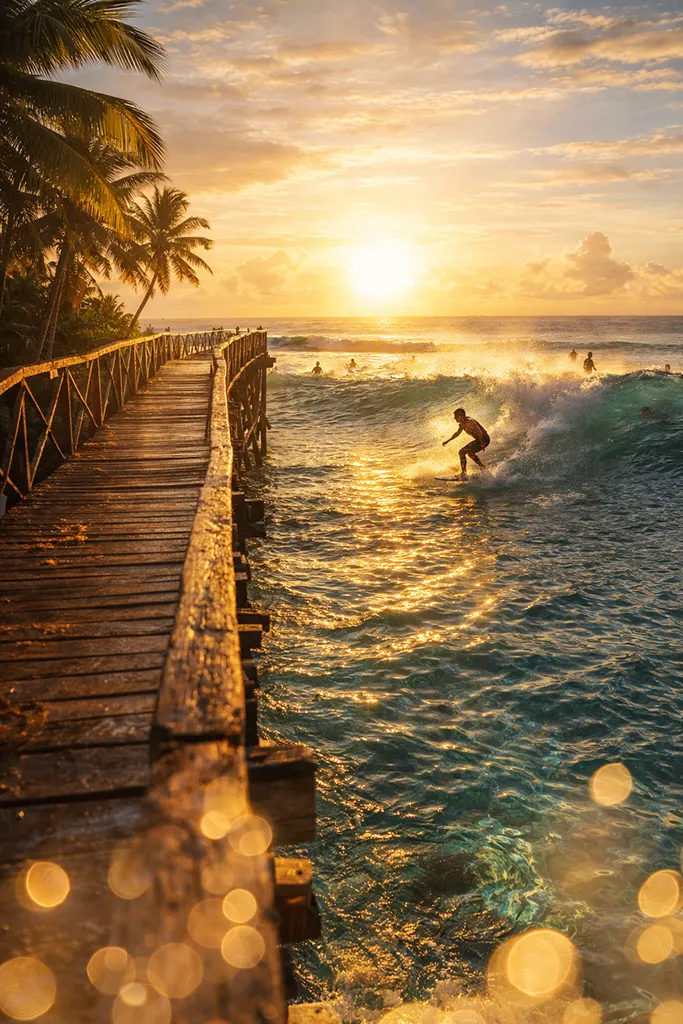 Cloud 9 boardwalk Siargao surfers golden hour wooden pier Philippines surf photography