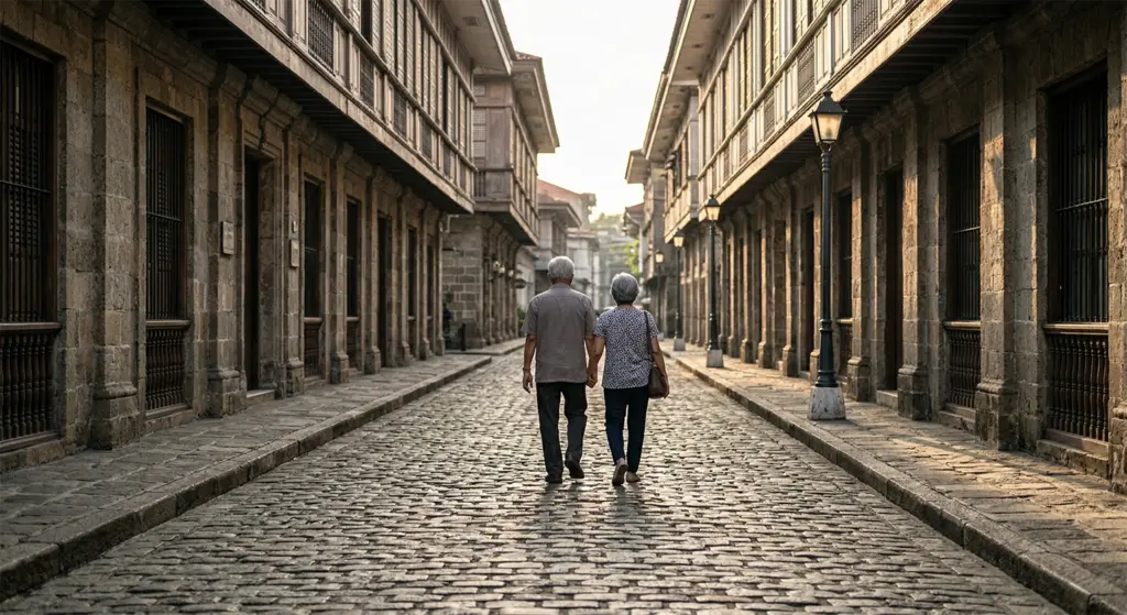 Cobblestone streets of Intramuros Manila Philippines with colonial era walls in background