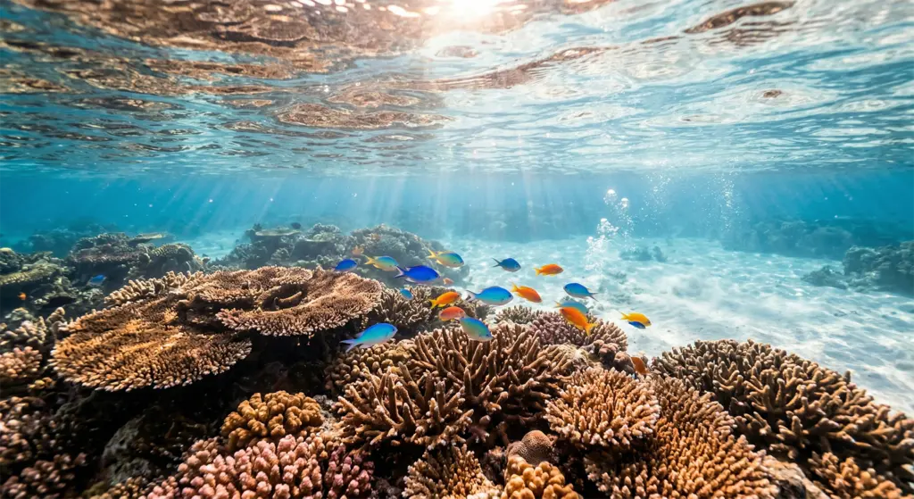 Coral reef at Bamboo Bay Koh Lanta Thailand, snorkeling Andaman Sea